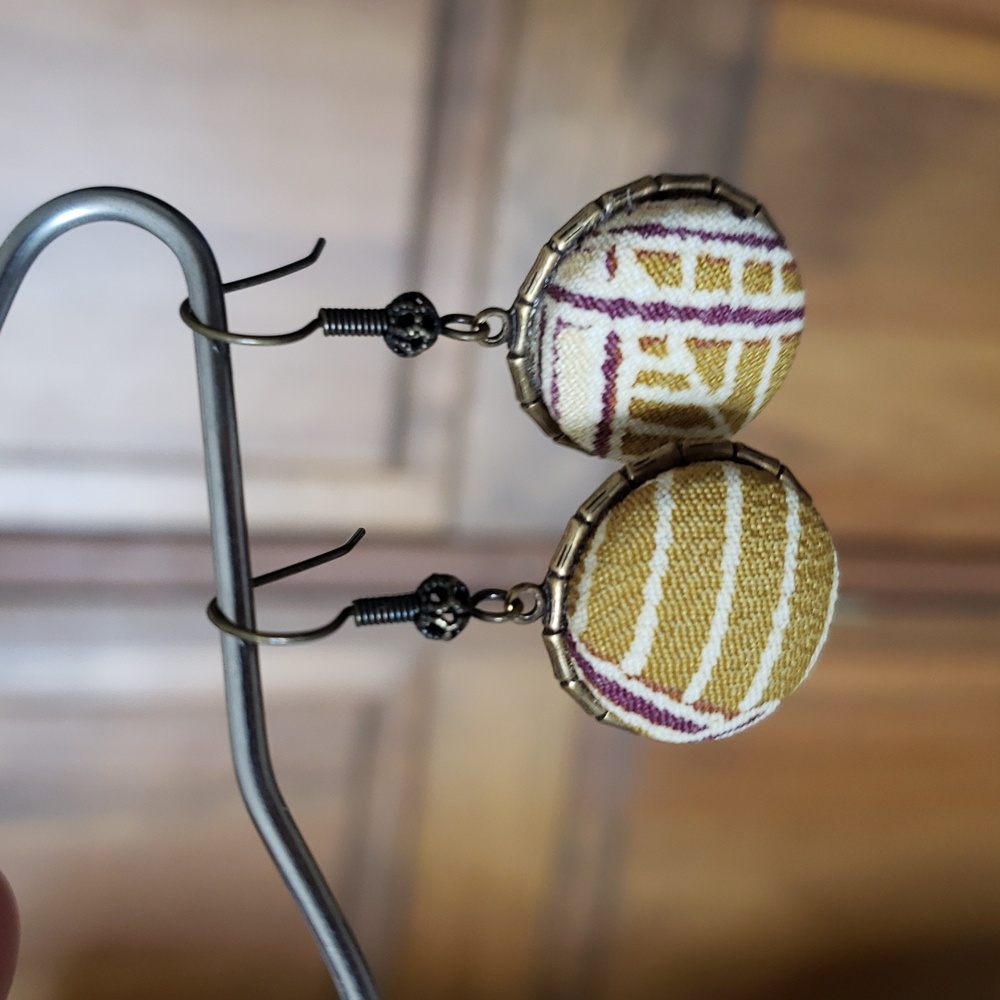 Gold and Brown Patterned Fabric Textile Earrings